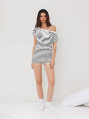 Cotton-blend Asymmetrical Neck Stripe Micro Lounge Romper