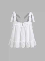 Cotton Broderie Anglaise Lace Trim Bowknot Top & Mid Rise Elastic Waist Shorts Set
