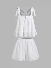 Cotton Broderie Anglaise Lace Trim Bowknot Top & Mid Rise Elastic Waist Shorts Set