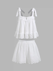 Cotton Broderie Anglaise Lace Trim Bowknot Top & Mid Rise Elastic Waist Shorts Set