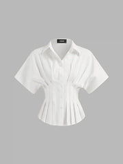 Linen-blend Collar V-neck Pleated Short Sleeve Shirt