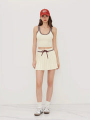 Knit U-neckline Stripe Tank Top & Mid Rise Pleated Mini Skirt Set