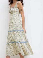 Cotton Ditsy Floral Contrasting Binding knotted Shirred Tiered Maxi Dress