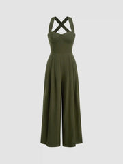 Linen-blend Square Neck Criss Cross Pleated Jumpsuit