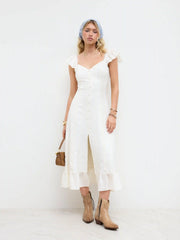 Sweetheart Neckline Applique Split Ruffle Hem Midi Dress