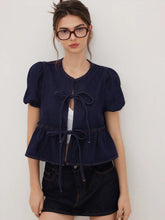 Denim Tie Front Bow Puff Sleeve Oversized Blouse