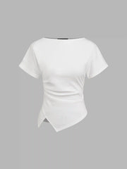 Cotton-blend Boat Neck Ruched Asymmetrical Hem Tee