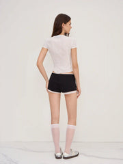 Cotton-blend V-neck English Embroidery Bowknot Blouse