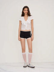 Cotton-blend V-neck English Embroidery Bowknot Blouse