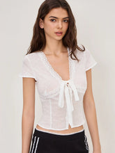 Cotton-blend V-neck English Embroidery Bowknot Blouse