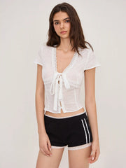 Cotton-blend V-neck English Embroidery Bowknot Blouse