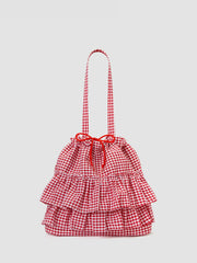 GINGHAM DOUBLE LAYERED RUFFLE DRAWSTRING TOTE BAG