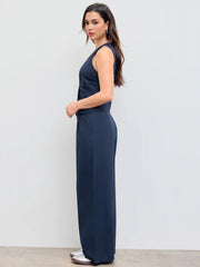 Cotton-blend V-neck Solid Button Vest & Mid Rise Pocket Wide Leg Trousers