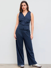 Cotton-blend V-neck Solid Button Vest & Mid Rise Pocket Wide Leg Trousers