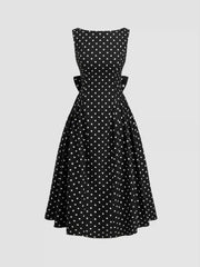 Linen-blend Boat Neck Polka Dot Backless Bowknot Midi Dress