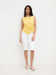 Linen-blend Beaded Knotted Ruched Tank Top