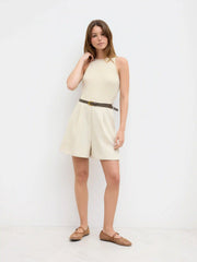 Round Neckline Pocket Romper With Belt