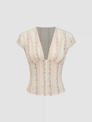 Cotton V-neck Floral Short Sleeve Blouse