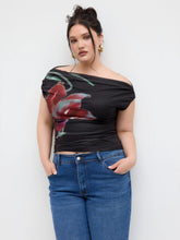 Mesh Asymmetrical Neck Floral Ruched Top Curve & Plus