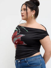 Mesh Asymmetrical Neck Floral Ruched Top Curve & Plus