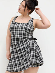 U-neckline Plaid Ruched Belted Mini Dress Curve & Plus
