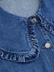 Denim Peter Pan Collar Button Through Smock Puff Sleeve Mini Dress