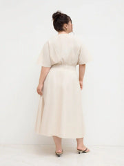 Linen-blend V-neck Ruffle Ruched Midi Dress Curve & Plus