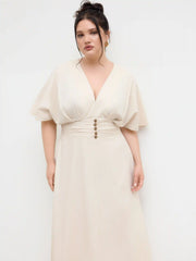 Linen-blend V-neck Ruffle Ruched Midi Dress Curve & Plus
