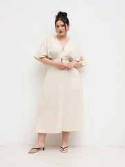 Linen-blend V-neck Ruffle Ruched Midi Dress Curve & Plus