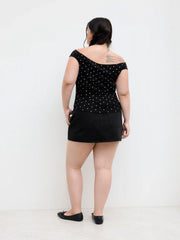 Cotton-blend Off-shoulder Polka Dot Ruched Top Curve & Plus