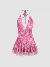 Lace Halter Neckline Floral Layered Mini Dress