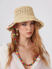 COLORFUL BEAD LACE-UP STRAW HAT