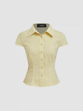 Cotton-blend Tartan Short Sleeve Gingham Blouse
