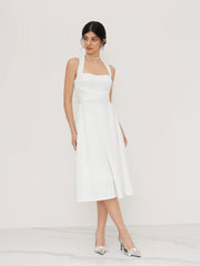 Square Neck Solid Criss Cross Ruffle Midi Dress