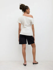 Cotton-blend Asymmetrical Neck Twist Short Sleeve Top