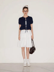 Denim Tie Front Bow Puff Sleeve Oversized Blouse