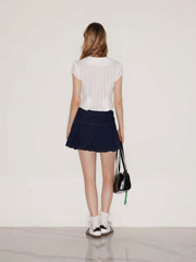 Denim Mid Rise Bowknot Pleated Micro Mini Skirt