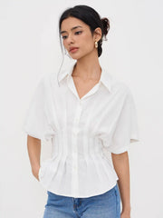 Linen-blend Collar V-neck Pleated Short Sleeve Shirt