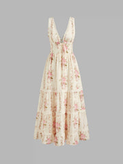 V-neck Lace Trim Floral Lace Up Layered Maxi Dress