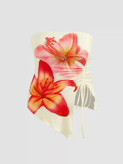 Floral Graphic Drawstring Asymmetrical Hem Bandeau Top Curve & Plus