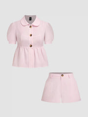 Cotton-blend Peter Pan Collar Puff Sleeve Stripe Top & Low Rise Shorts Set