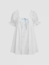 Cotton-blend U-neckline Bowknot Lettuce Trim Puff Sleeve Mini Nightdress