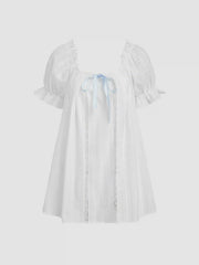 Cotton-blend U-neckline Bowknot Lettuce Trim Puff Sleeve Mini Nightdress