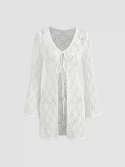 Knit Crochet V-neck See-through Knotted Cover Up Dress