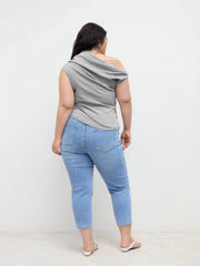 Multi-way Knit Asymmetrical Neck Button Ruched Tank Top Curve & Plus