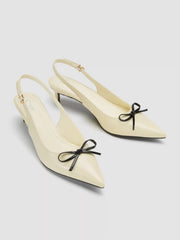 TWO-TONE BOW POINTED-TOE SLINGBACK FAUX LEATHER KITTEN HEELS