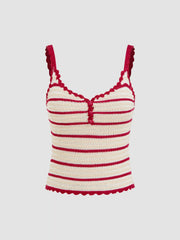 Scallop Trim Crochet Striped Knit Cami Tank Top