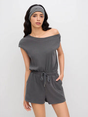 Asymmetrical Neck Drawstring Romper