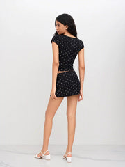 Cotton-blend Boat Neck Polka Dot Ruched Tee & Mini Skort