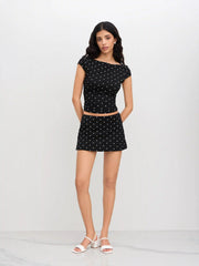 Cotton-blend Boat Neck Polka Dot Ruched Tee & Mini Skort